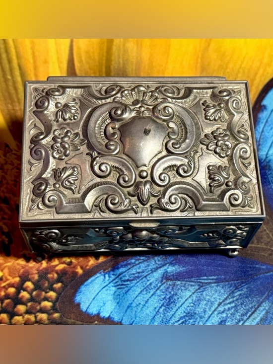 Vintage Other - Vintage Art Nouveau Style Silver Plated Jewerly Box Trinket Box Blue Velvet